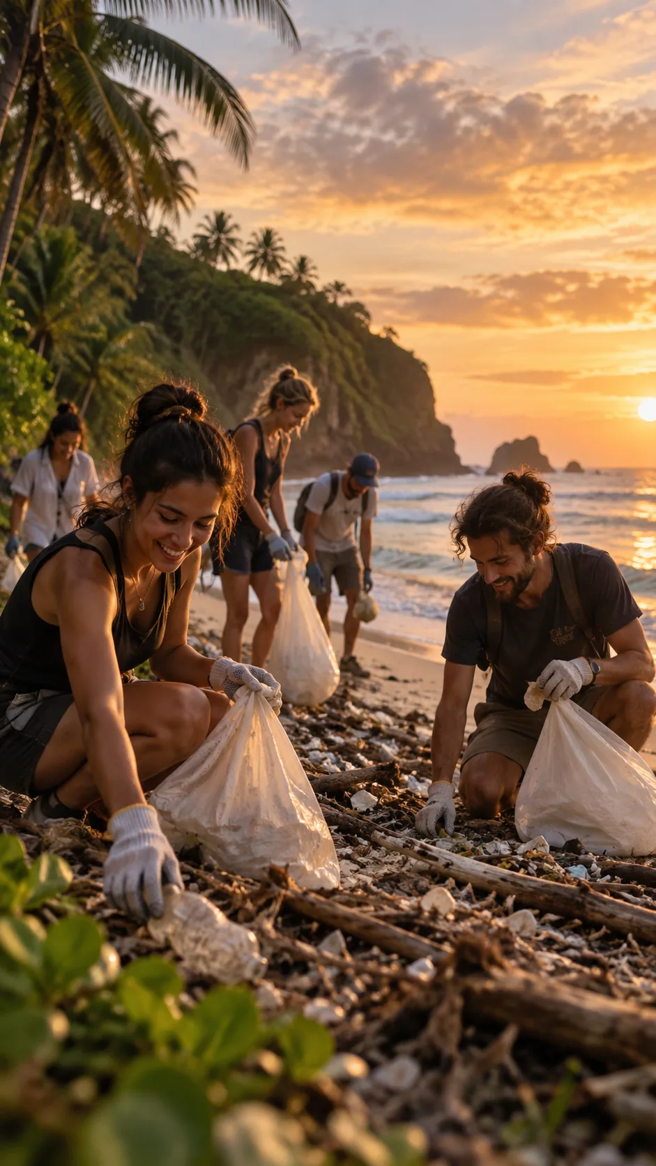 People collecting litter on a beach at low sun