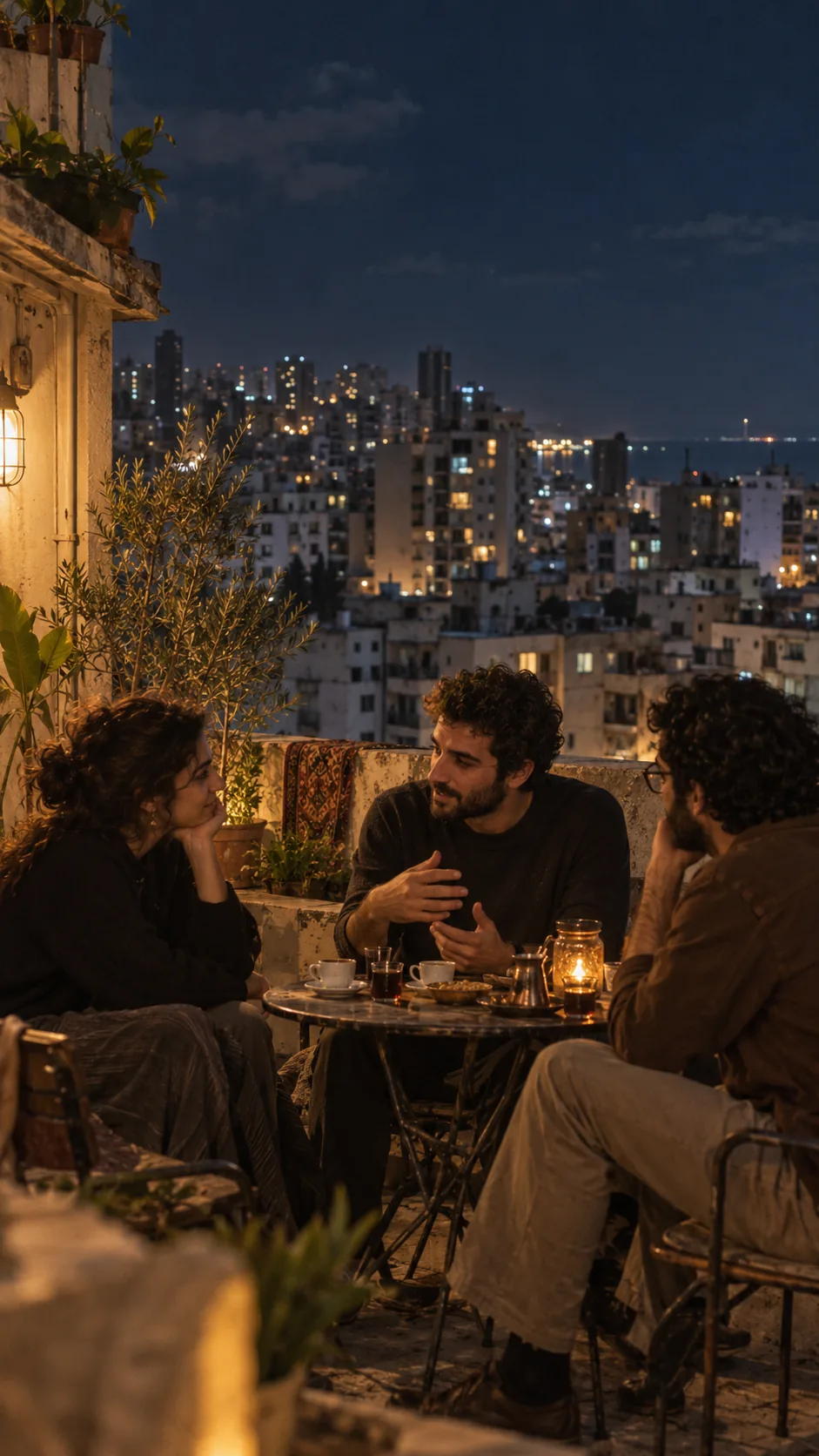 A rooftop conversation over tea at night