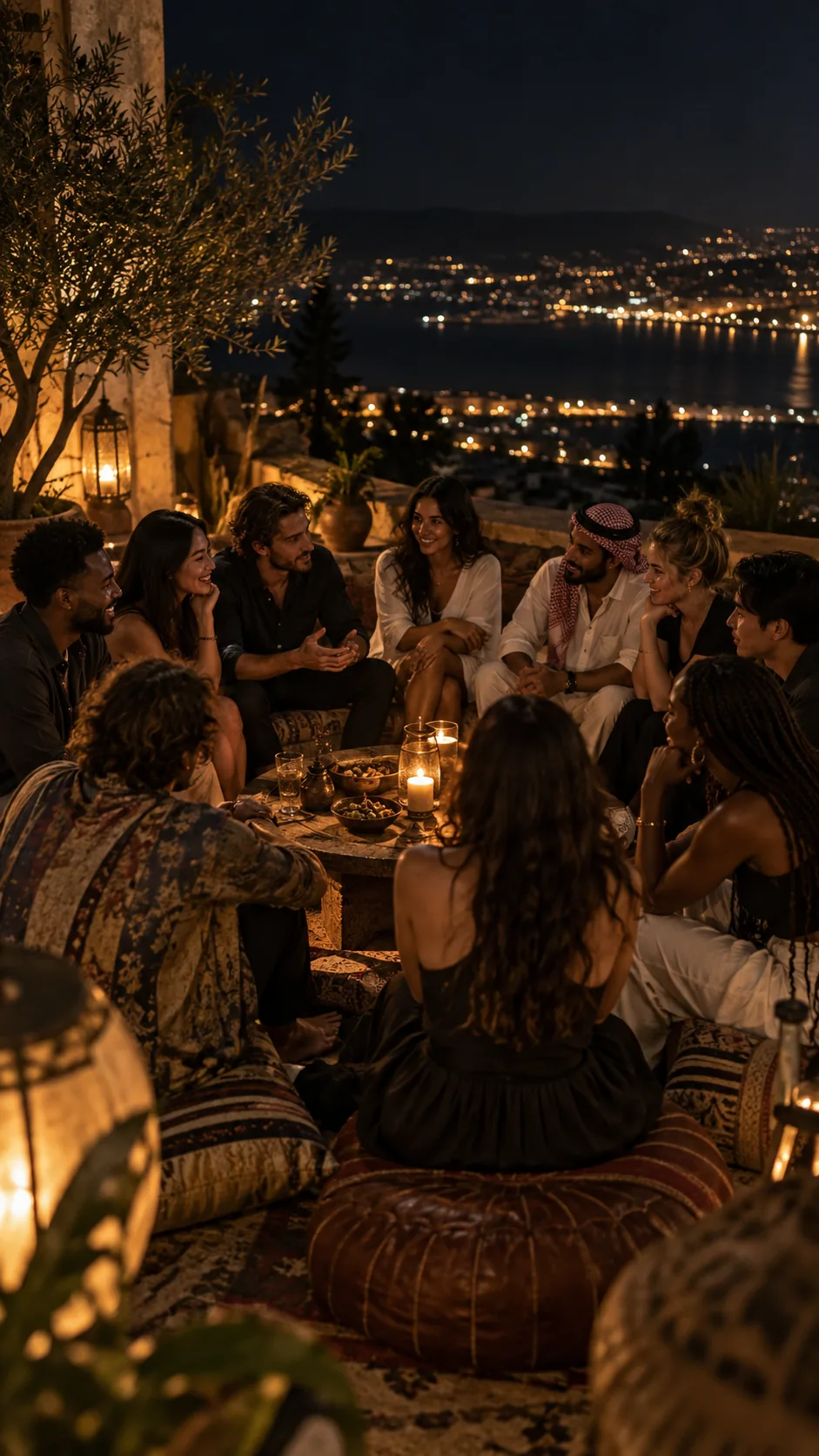 Ten people in conversation around a low table at night