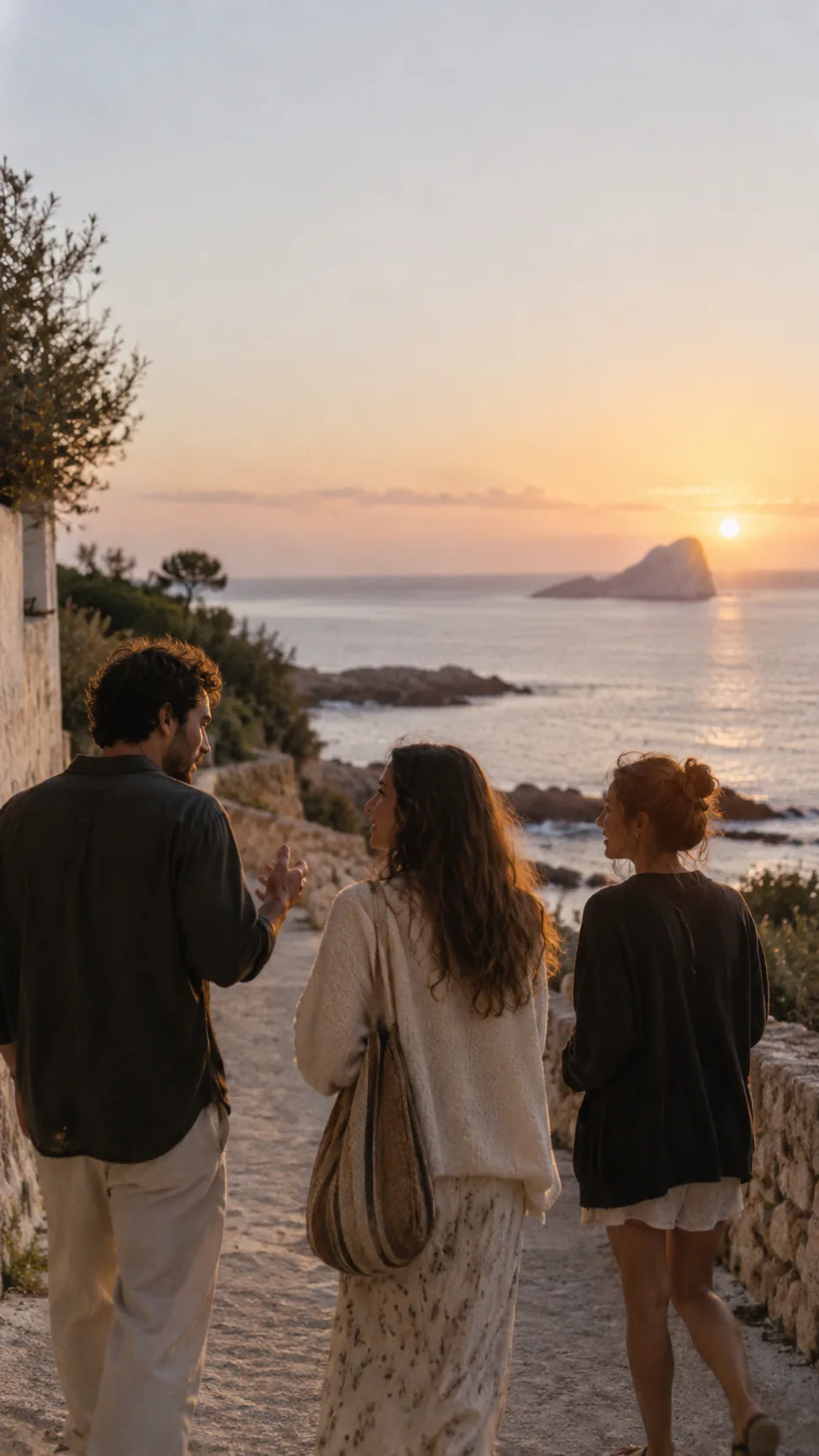 Three people walking above the sea in low sun