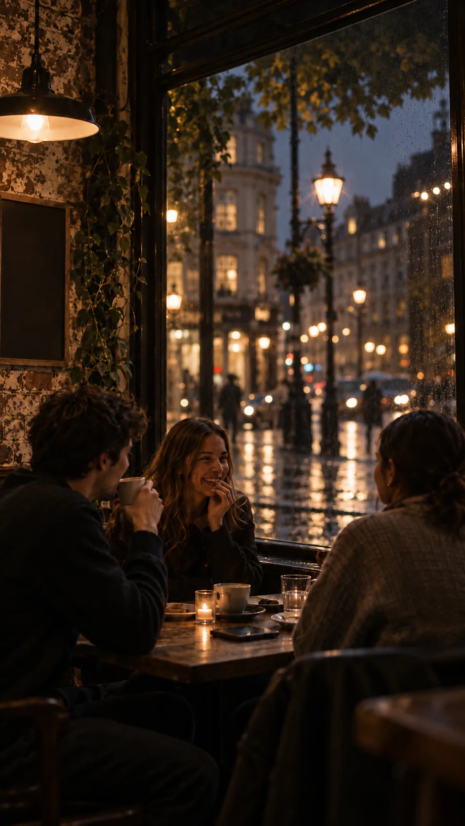 People talking over coffee in a night cafe