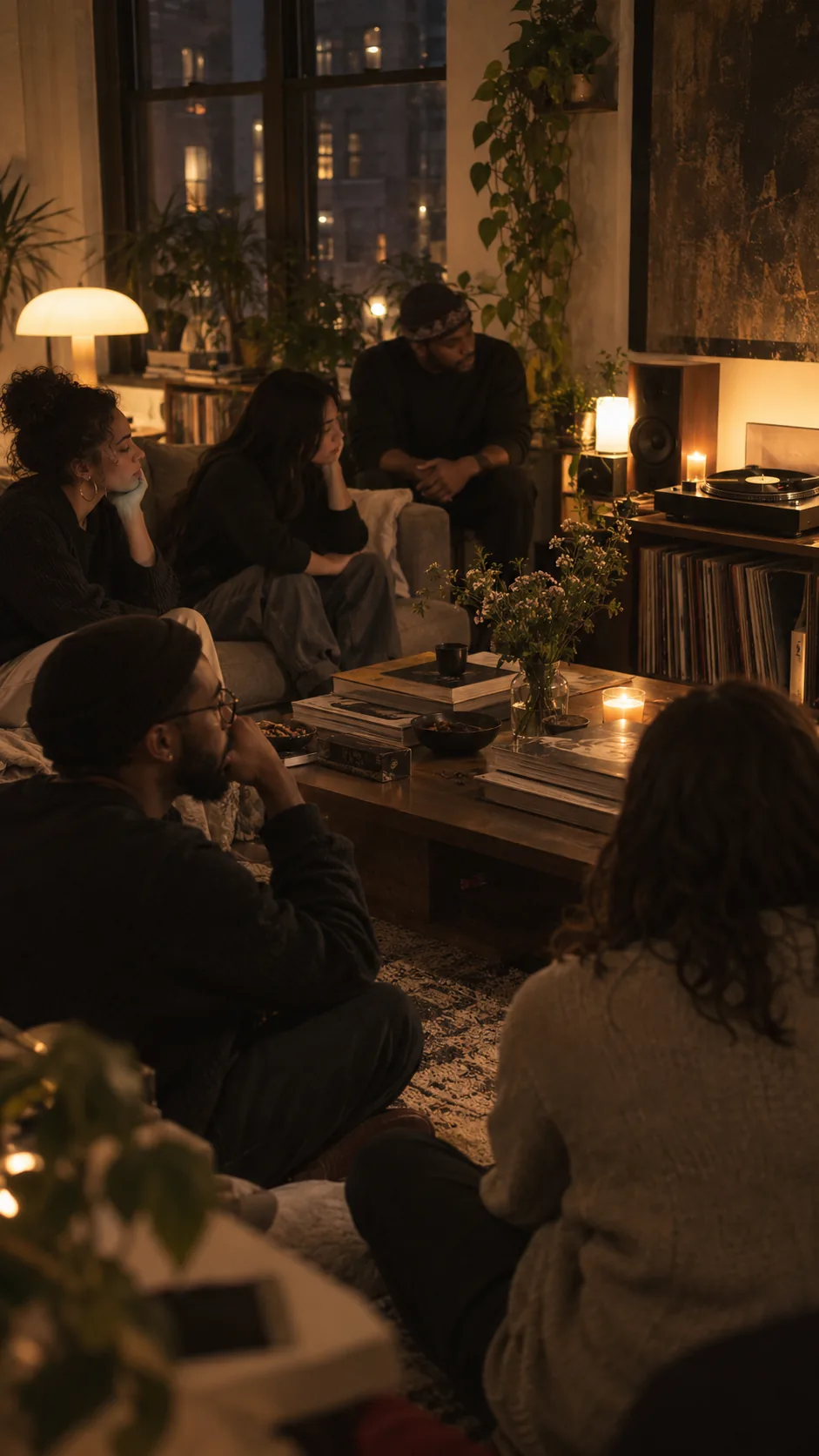 A group listening to records in a warm room